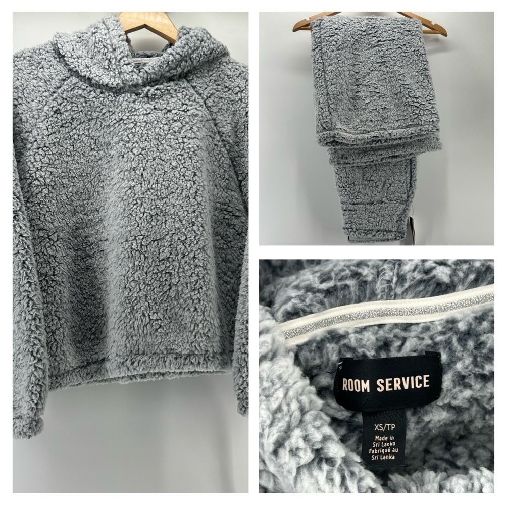 Room Service Hoodie Jogger Set Womens XS Grey Sherpa Fleece NWT Loungewear Set